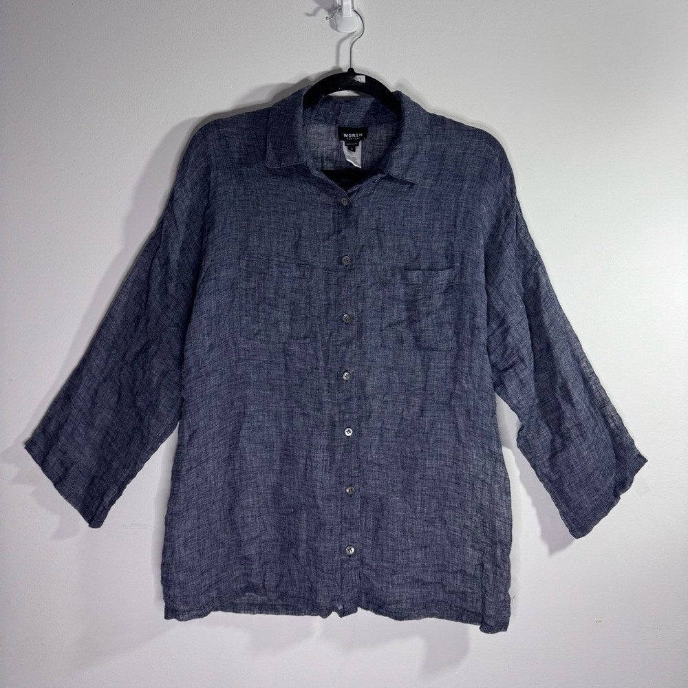 Worth New York Blue Linen Blend Button Front Shirt USA Made Medium